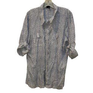 French Dressing Jeans FDJ blue painted stripe belted sleeve button down shirt 14